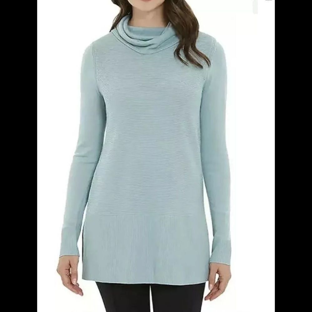 Adrienne Vittadini Women’s XL Aqua Cowl Neck Ribbed Knit Tunic Sweater Size XL‎